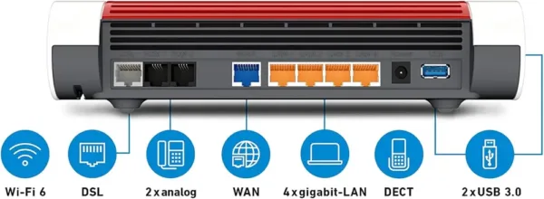 AVM FRITZ!Box 7590 AX Edizione Internazionale, Modem Router Wi-Fi 6 Dual Band fino a 3600 Mbit/s, ADSL/VDSL fino a 300 Mbit/s, Mesh, Base DECT, Media Server - immagine 3