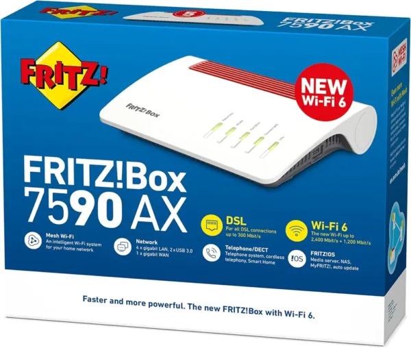 AVM FRITZ!Box 7590 AX Edizione Internazionale, Modem Router Wi-Fi 6 Dual Band fino a 3600 Mbit/s, ADSL/VDSL fino a 300 Mbit/s, Mesh, Base DECT, Media Server - immagine 4