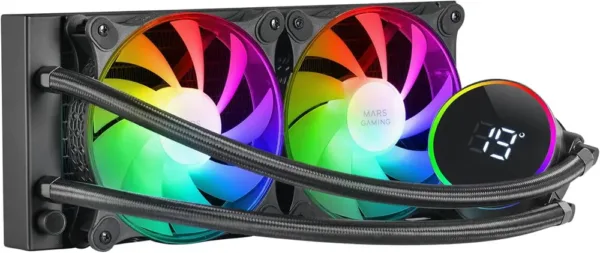 Mars Gaming ML-LCD240, Raffreddato a Liquido AIO, TDP 500W, 2x Ventole ARGB 120mm FDB, Display LCD con Monitoraggio della Temperatura, Pompa Opti-Chamber 3rd Gen, Multisocket Universale, Nero