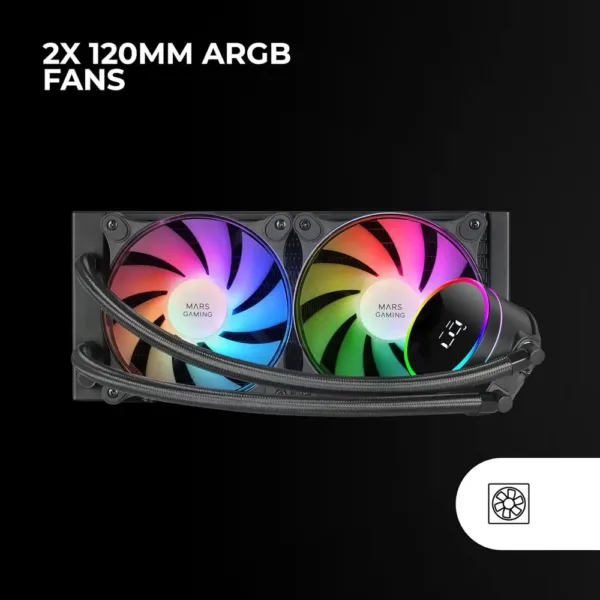 Mars Gaming ML-LCD240, Raffreddato a Liquido AIO, TDP 500W, 2x Ventole ARGB 120mm FDB, Display LCD con Monitoraggio della Temperatura, Pompa Opti-Chamber 3rd Gen, Multisocket Universale, Nero - immagine 2