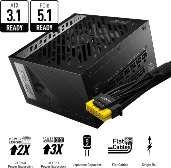 MSI MPG A850G PCIE5, Alimentatore 850W 80 Plus Gold, ATX 3.0, Modulare, Supporto PCIe 5.0, Condensatori Giapponesi, 0% RPM Mode, Cavi Piatti, 10 Anni di Garanzia - immagine 2