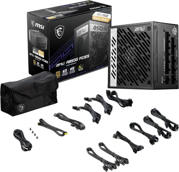 MSI MPG A850G PCIE5, Alimentatore 850W 80 Plus Gold, ATX 3.0, Modulare, Supporto PCIe 5.0, Condensatori Giapponesi, 0% RPM Mode, Cavi Piatti, 10 Anni di Garanzia - immagine 3