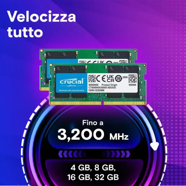 Crucial Kit RAM DDR4 SODIMM 64 GB (2×32 GB) 3200 MHz CL22 - Memoria Alta Prestazione per Laptop, Mini PC, compatibile 2933/2666 MHz - CT2K32G4SFD832A - immagine 2