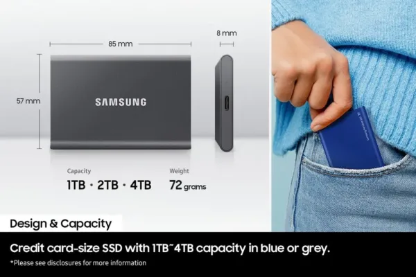 Samsung T7 SSD portatile 1 TB USB 3.2 Gen 2 - velocità fino a 1 050 MB/s, indigo blue, cifratura AES 256-bit - immagine 6